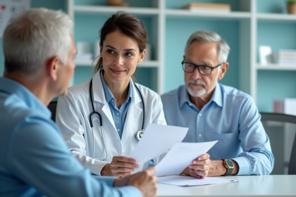 Medecin femme discutant avec un patient age dans un cabinet moderne