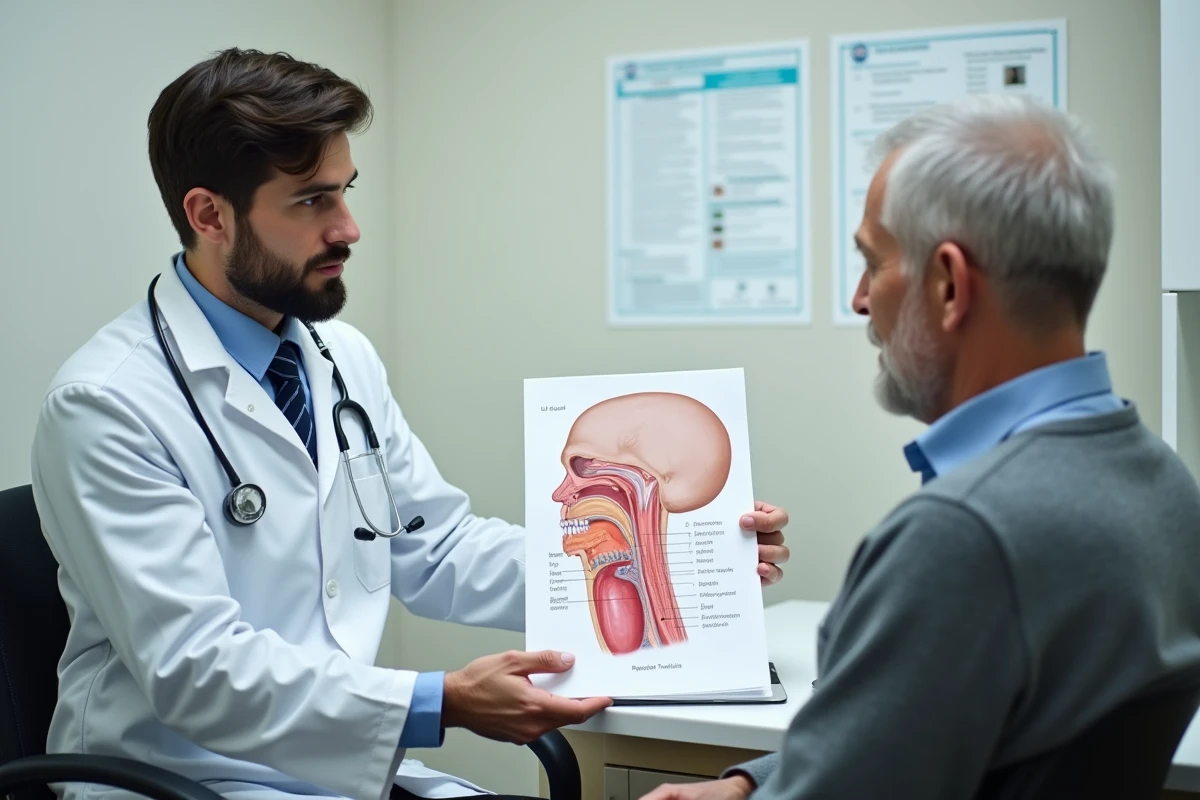 Medecin montrant un diagramme de la gorge au patient
