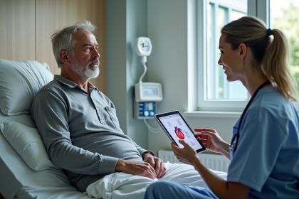 Homme moyen&acirc;geux en consultation avec une doctoresse dans un h&ocirc;pital