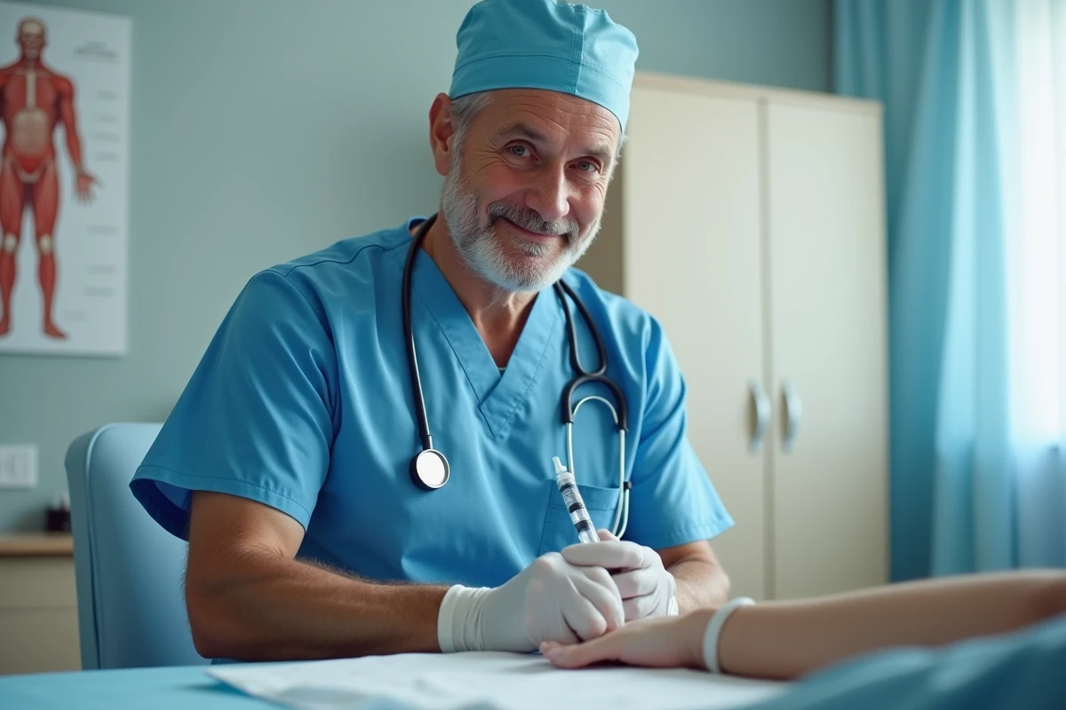 Médecin préparant une injection de cortisone en milieu médical avec expression professionnelle concentrée