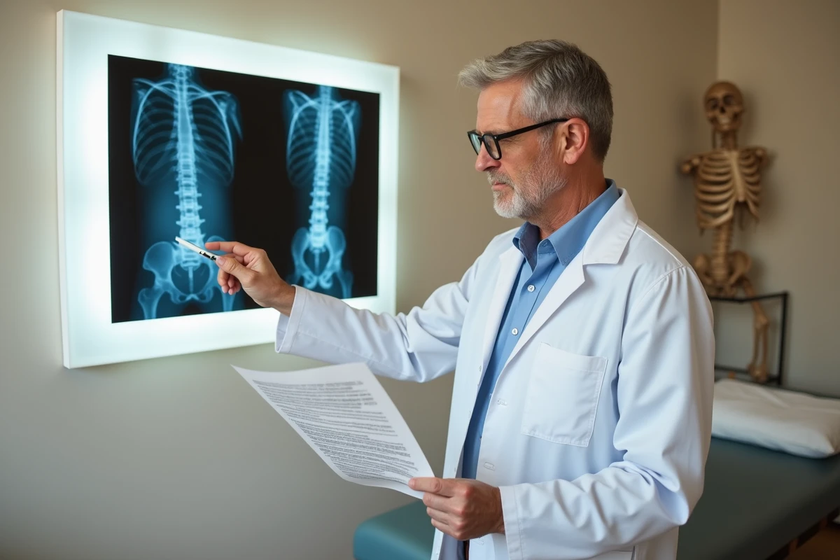Médecin examinant une radiographie de colonne lombaire dans le cadre d'une reconnaissance de maladie professionnelle dos CPAM