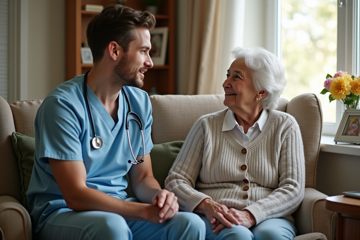 Jeune infirmier discutant avec une femme âgée dans un cadre chaleureux