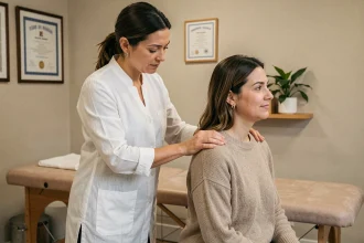 Ostéopathe femme appliquant une technique douce sur le dos d'une patiente dans un cabinet moderne