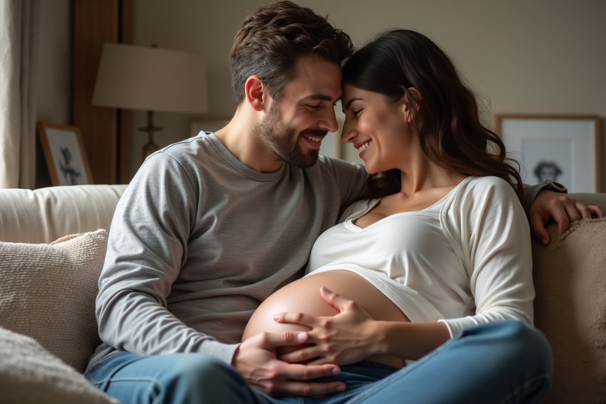 Pere écouteant le ventre de sa partenaire enceinte