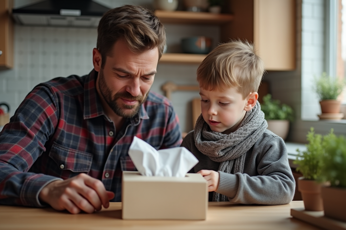 Pere et enfant avec mouchette dans la cuisine familiale