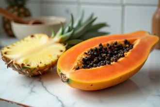 Papaye coupée et tranche d'ananas frais posés sur un plan de travail en marbre blanc, comparaison de fruits riches en enzymes digestives