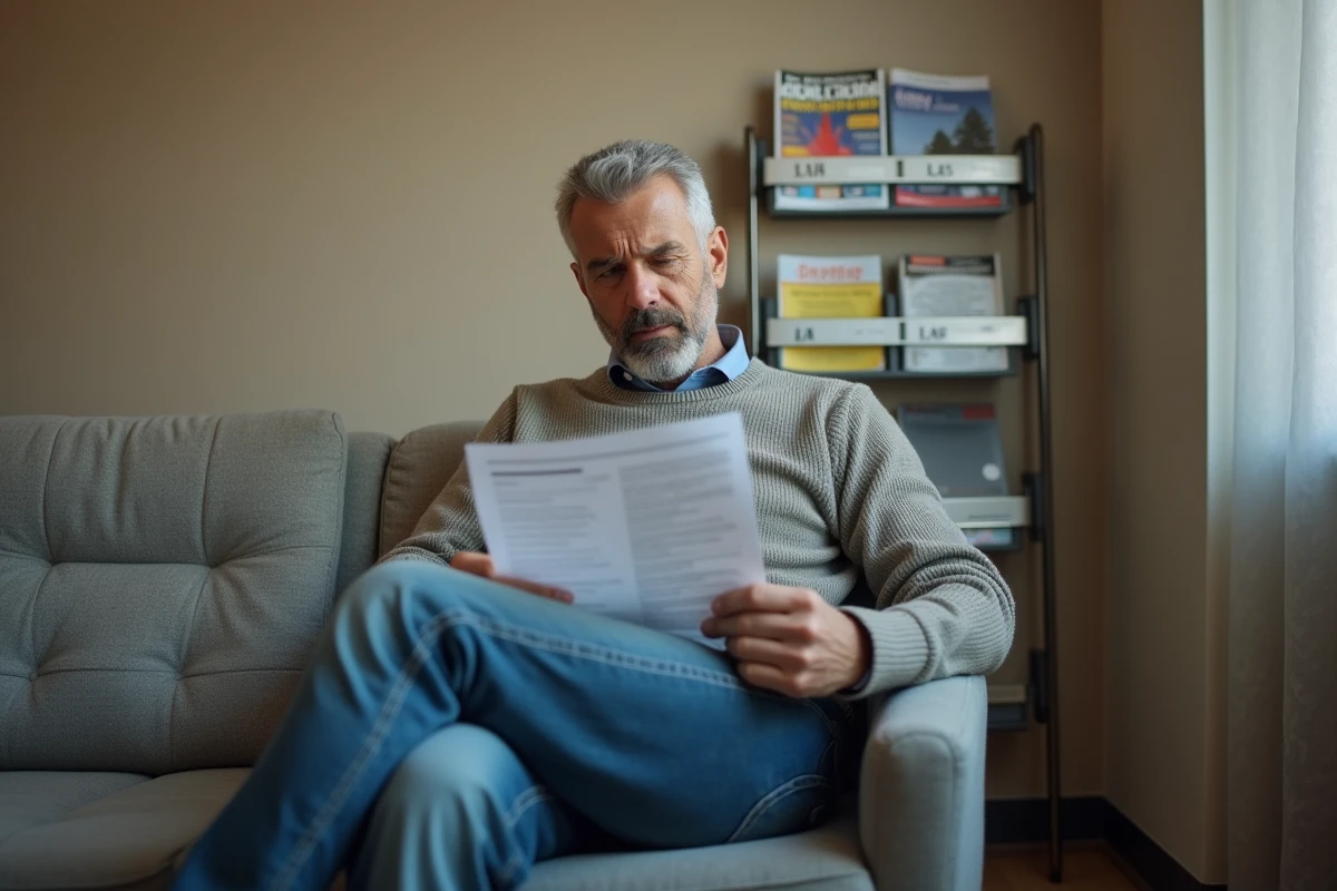 Patient homme lisant un rapport dans la salle d attente