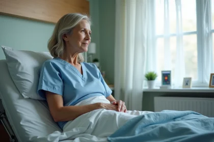 Femme hospitalisée regardant par la fenêtre avec espoir