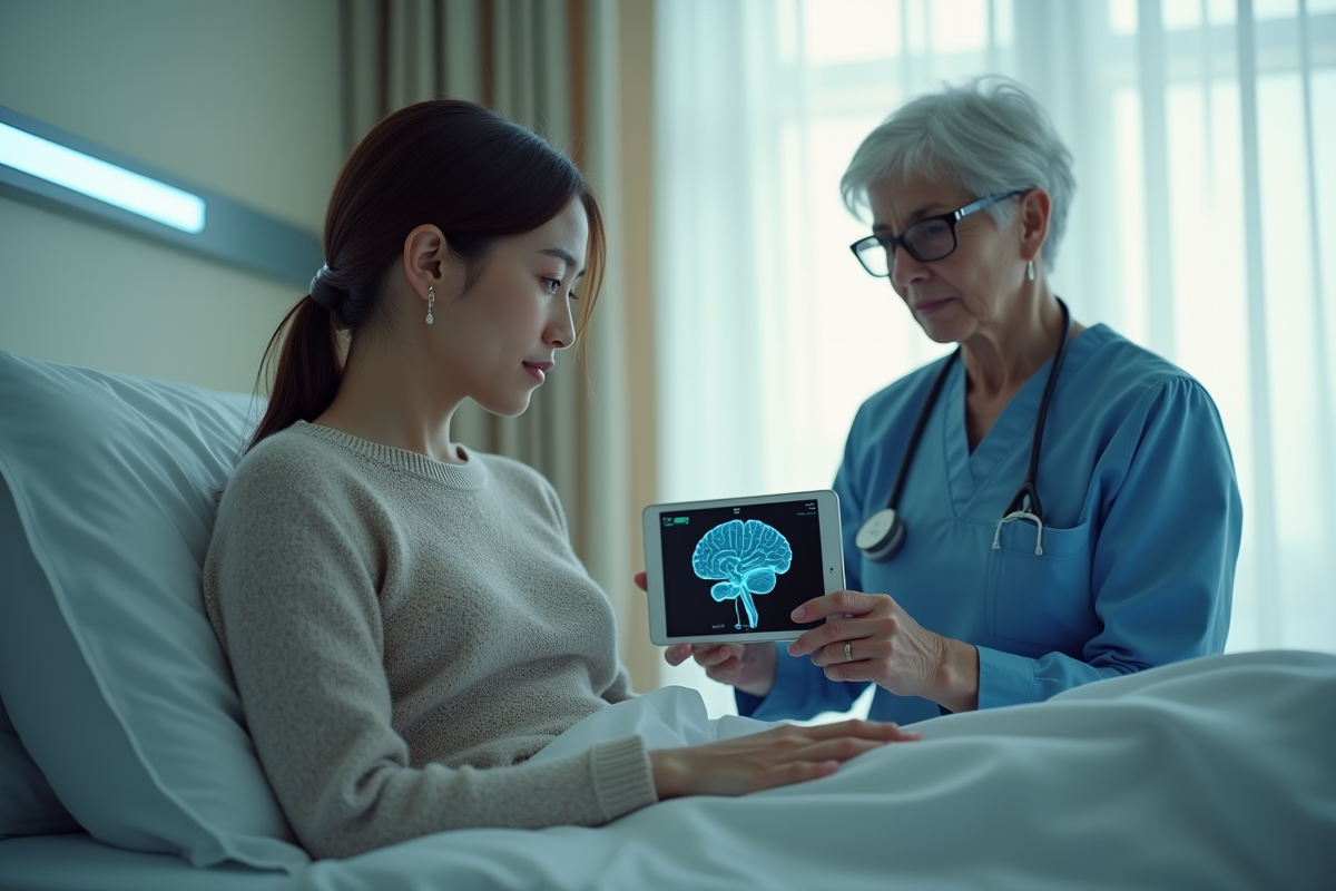 Femme patiente avec implant neural et neurologiste