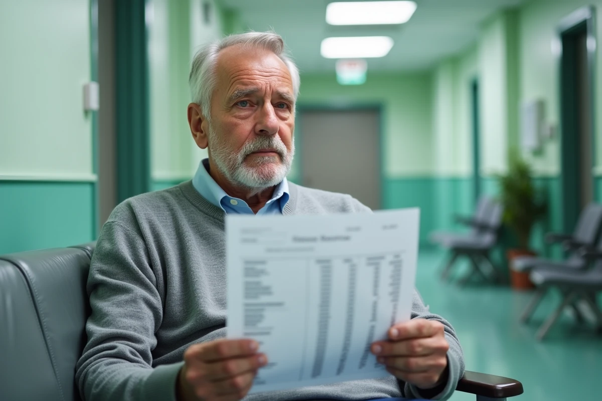 Patient lisant ses résultats d'analyse sanguine montrant un taux de TCMH bas dans une salle d'attente médicale