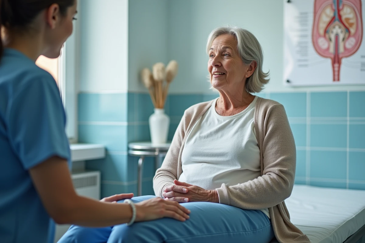 Patiente assise sur une table d'examen lors d'une consultation urologique dans un cabinet médical