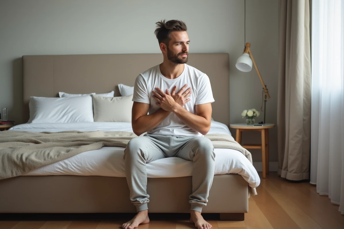 Personne assise au bord du lit les mains sur la poitrine, illustrant une prise de conscience des palpitations et vibrations internes au repos