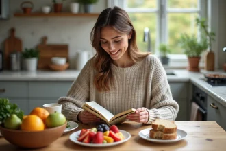 Femme souriante dégustant un petit déjeuner sain dans la cuisine