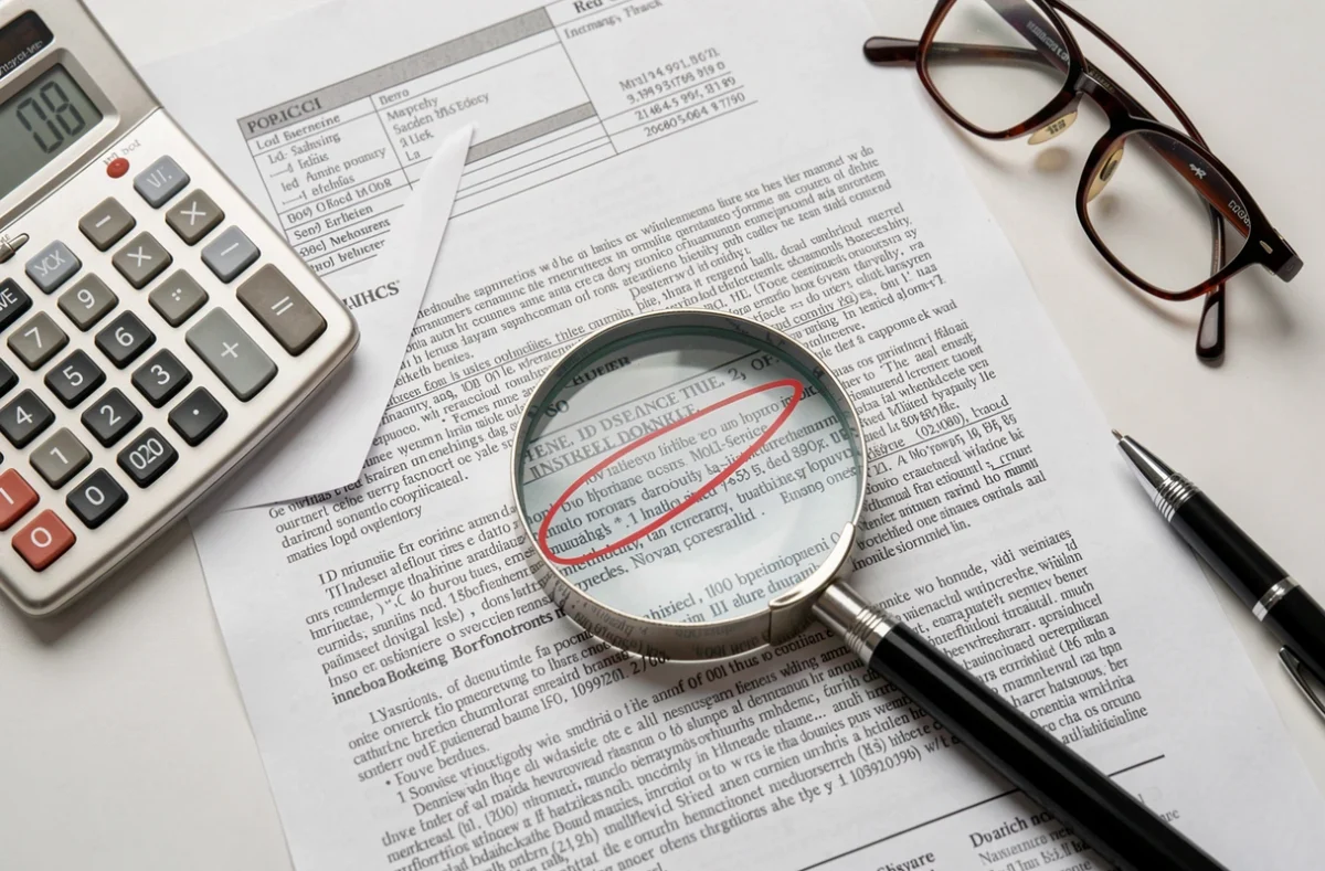 Gros plan sur les petites lignes d'un contrat d'assurance ECA avec loupe et stylo révélant les clauses cachées