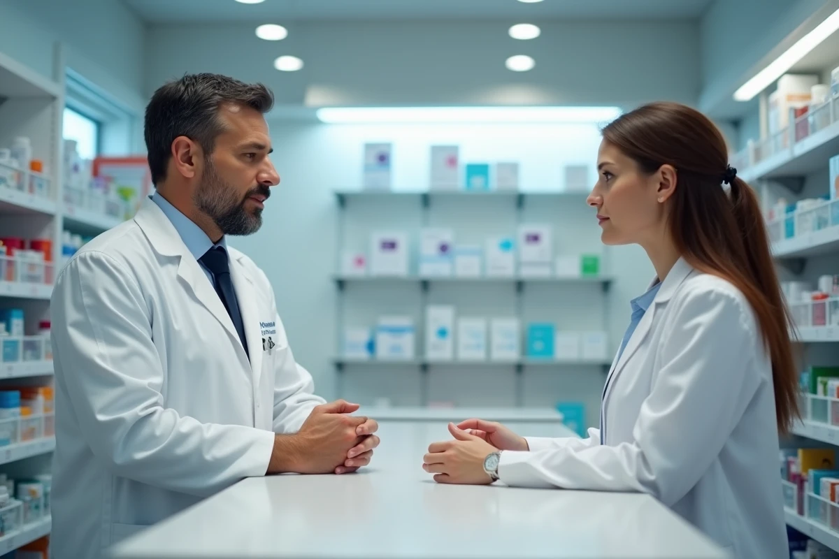 Pharmacien conseillant une patiente sur le traitement d'une brûlure au palais dans une pharmacie moderne