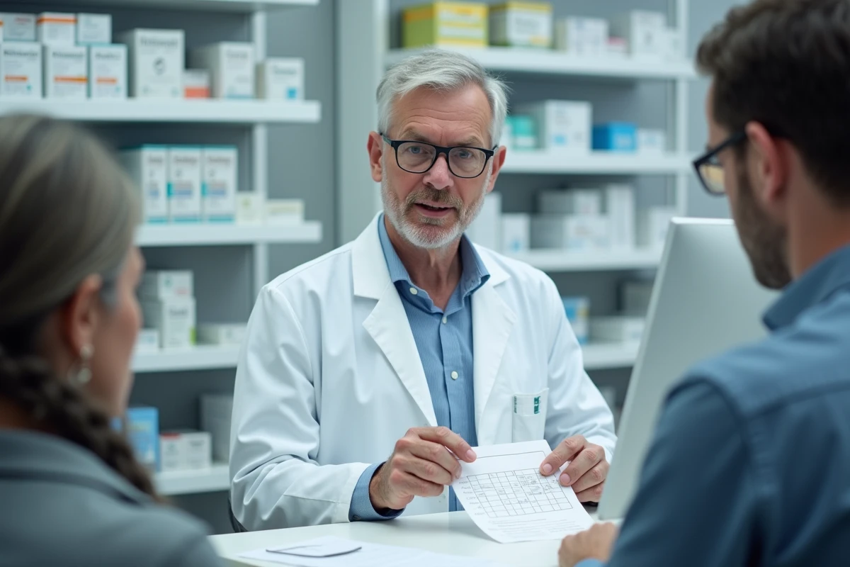 Pharmacien expliquant le délai entre ibuprofène et tramadol à un patient au comptoir de pharmacie