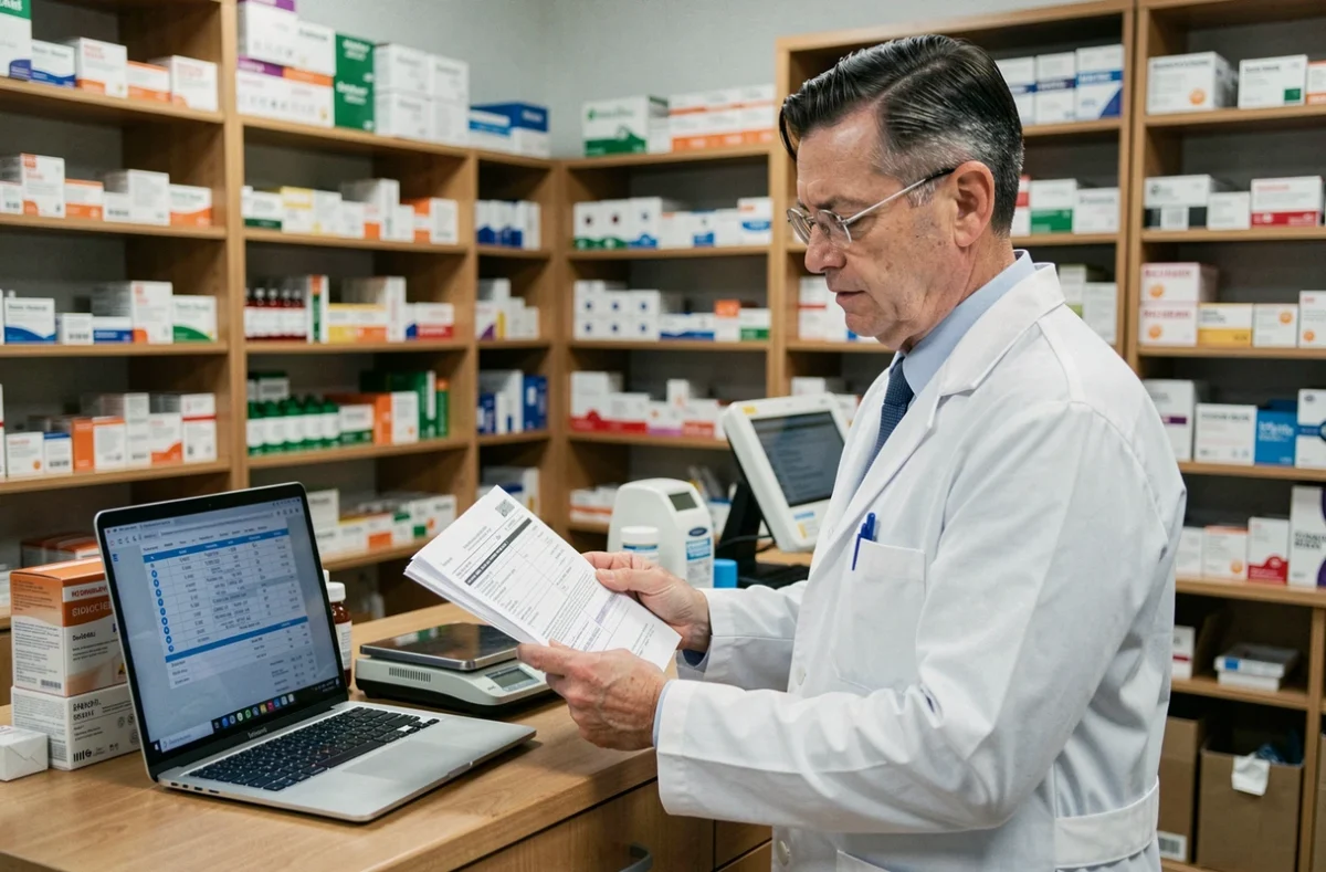 Pharmacien vérifiant le calcul de dose sur une ordonnance avec un guide de référence clinique