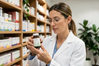 Pharmacienne examinant un complément alimentaire SuperCalm dans une pharmacie moderne