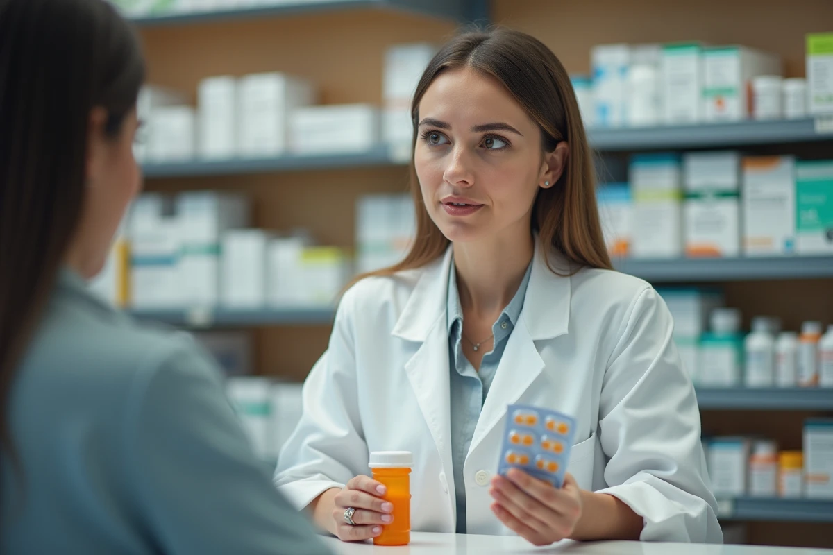 Pharmacienne expliquant le délai d'action de la cortisone en voie orale à un patient au comptoir d'une pharmacie
