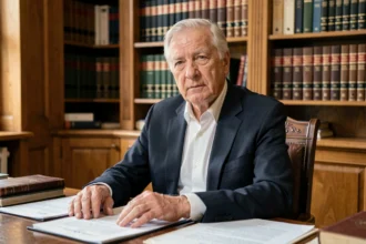 Philippe Bilger, magistrat et figure publique française, assis à son bureau parisien dans une attitude pensive et digne, illustrant un article sur sa maladie en 2026