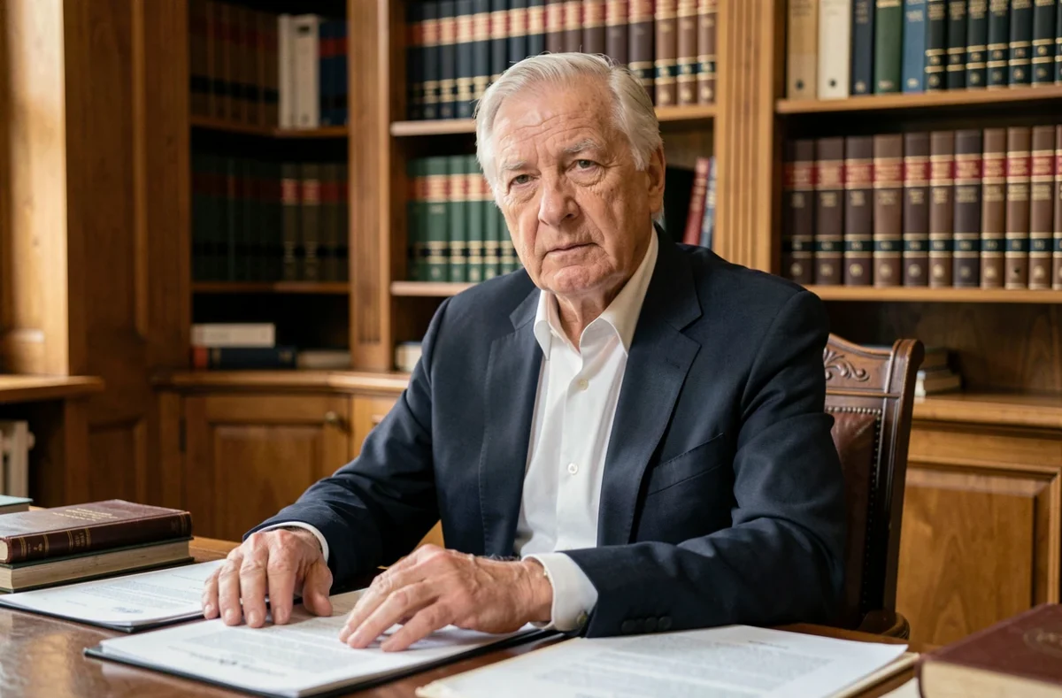 Philippe Bilger, magistrat et figure publique française, assis à son bureau parisien dans une attitude pensive et digne, illustrant un article sur sa maladie en 2026