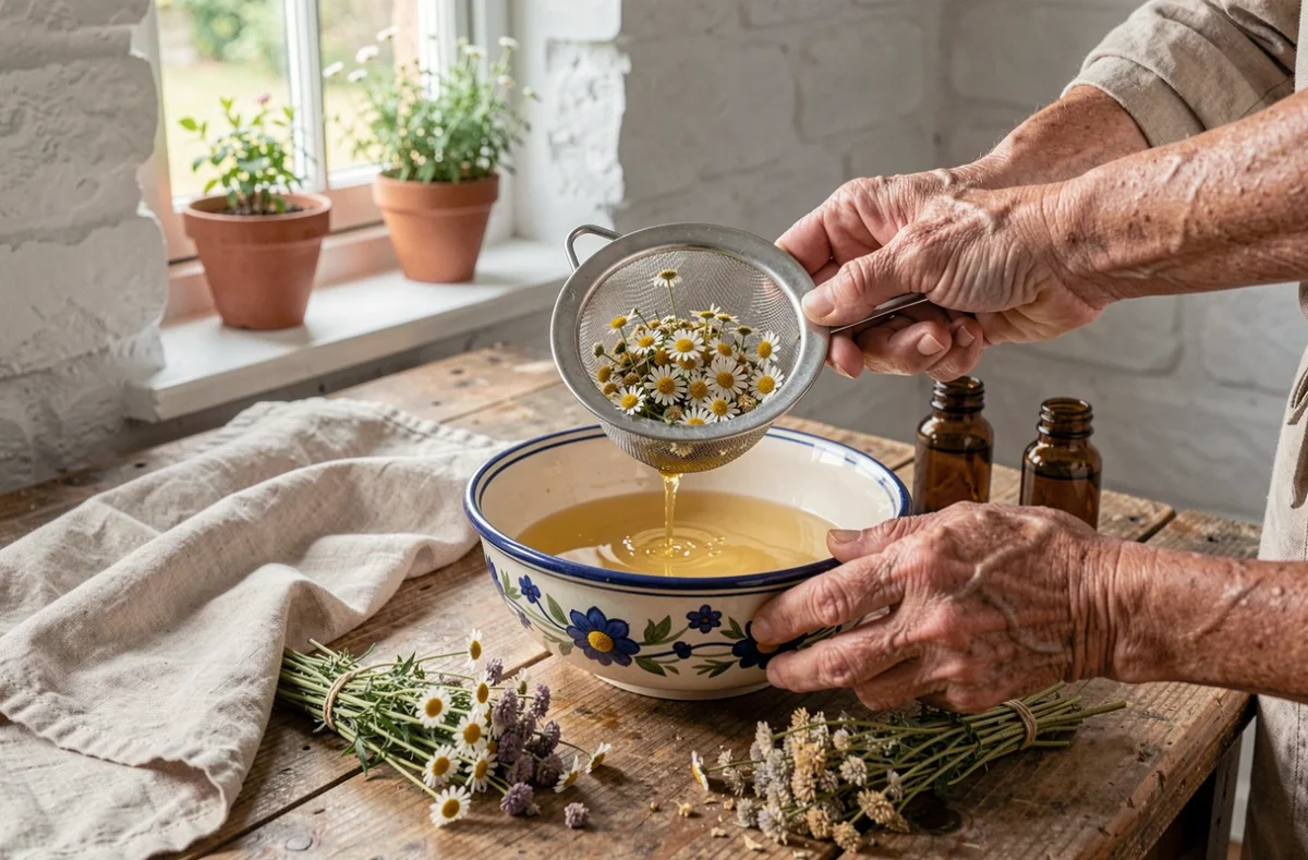 Mains de personne âgée préparant une tisane de plantes médicinales pour soulager les yeux fatigués
