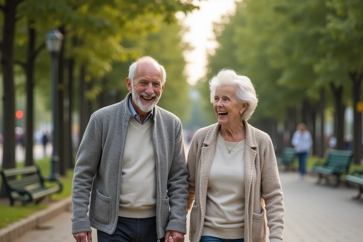 Couple &acirc;g&eacute; marchant dans un parc ensoleille