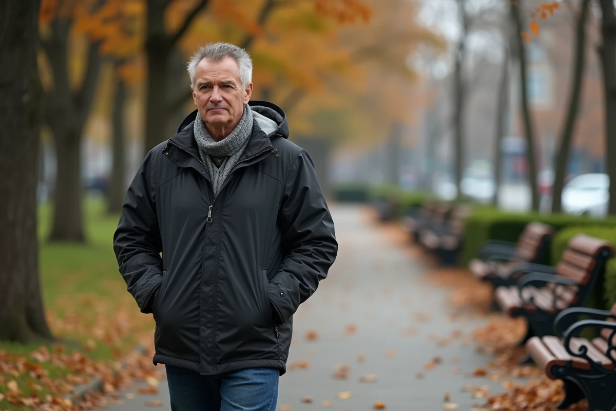 Homme marche dans un parc en automne