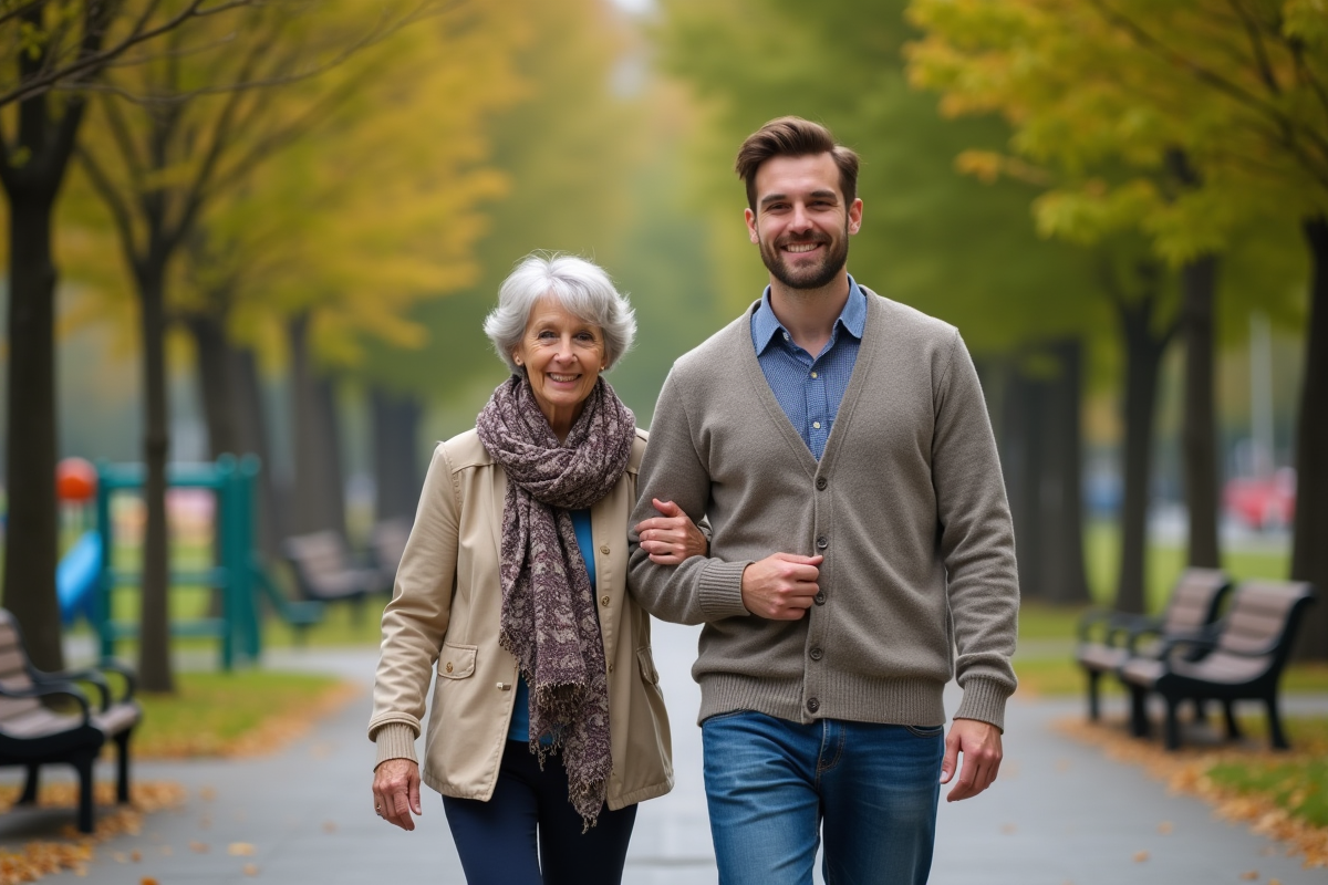 Jeune homme et femme âgée marchant dans un parc