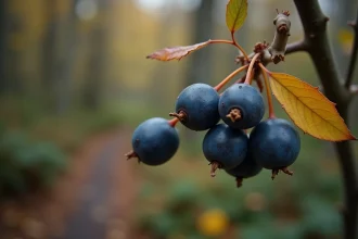 Grappes de prunelles sauvages bleu-noir sur branches épineuses en forêt d'automne, baies toxiques du Prunus spinosa avec leur pruine naturelle