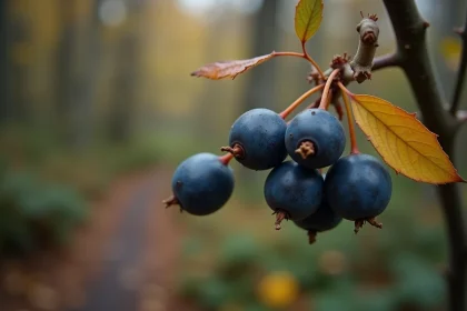 Grappes de prunelles sauvages bleu-noir sur branches épineuses en forêt d'automne, baies toxiques du Prunus spinosa avec leur pruine naturelle