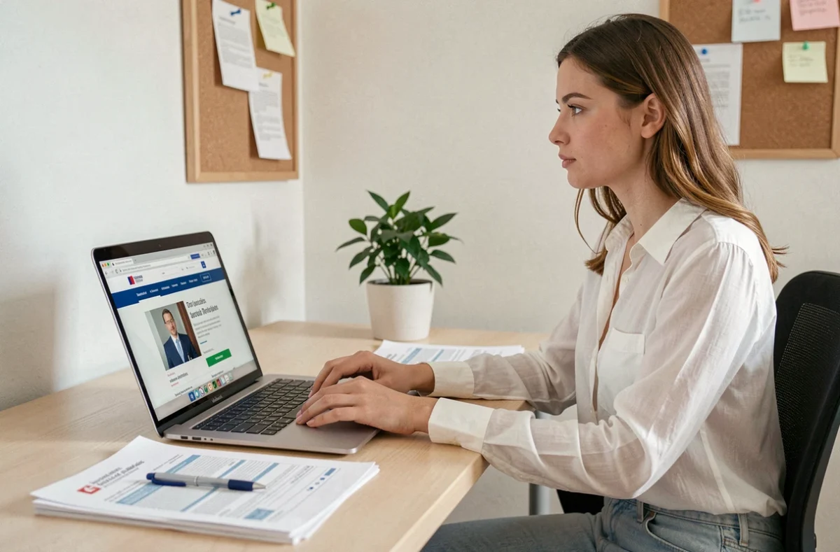 Jeune femme recherchant comment obtenir un dossier MDPH en urgence en ligne sur son ordinateur portable