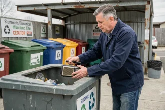 Homme déposant une vieille radio dans un bac de collecte de déchets électroniques dans un centre de recyclage municipal