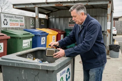 Homme déposant une vieille radio dans un bac de collecte de déchets électroniques dans un centre de recyclage municipal