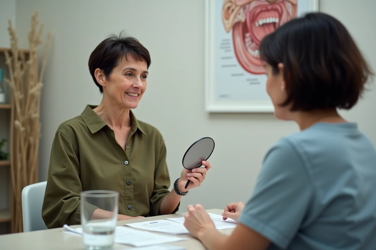 Femme suivant une rééducation orthophonique après un cancer de la mâchoire, accompagnée d'une orthophoniste en cabinet médical