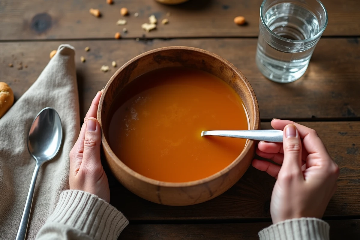 Vue de dessus d'un repas de soupe interrompu à cause d'une douleur au palais