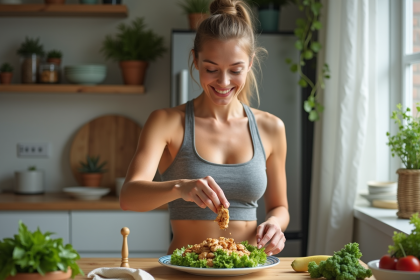 Femme souriante pr&eacute;parant une salade prot&eacute;in&eacute;e dans la cuisine