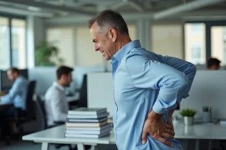 Salarié souffrant de douleurs lombaires au bureau, illustration d'une maladie professionnelle du dos reconnue par la CPAM