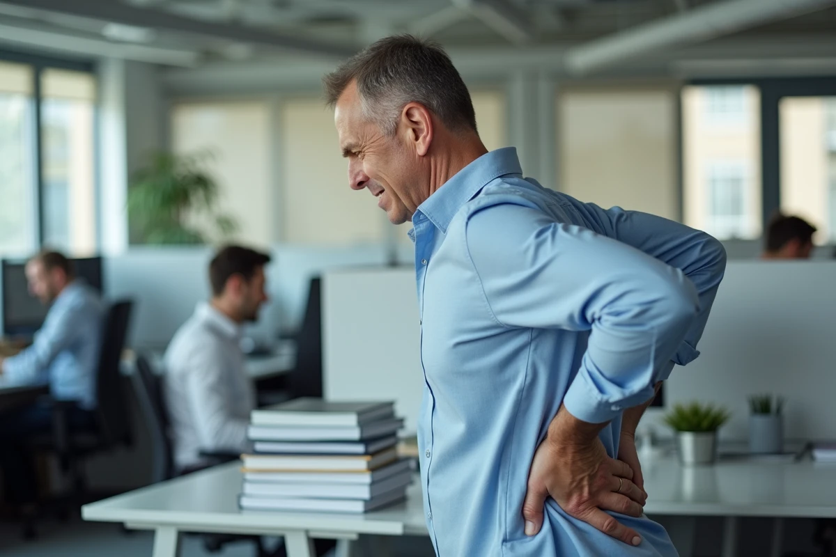 Salarié souffrant de douleurs lombaires au bureau, illustration d'une maladie professionnelle du dos reconnue par la CPAM