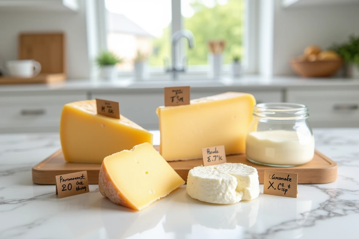 S&eacute;lection de fromages adapt&eacute;s au diab&egrave;te pr&eacute;sent&eacute;s sur un comptoir en marbre avec leurs informations nutritionnelles