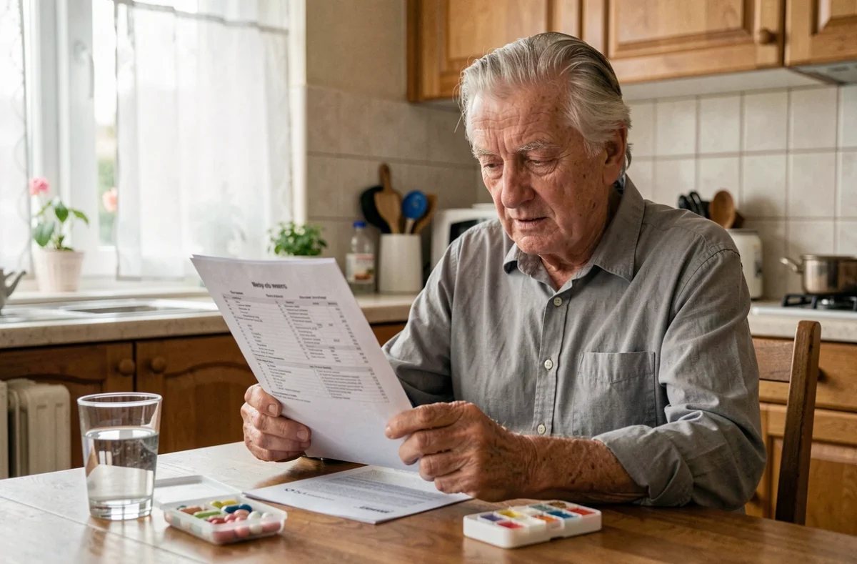 Senior homme lisant attentivement ses résultats d'analyses biologiques GGT à la maison