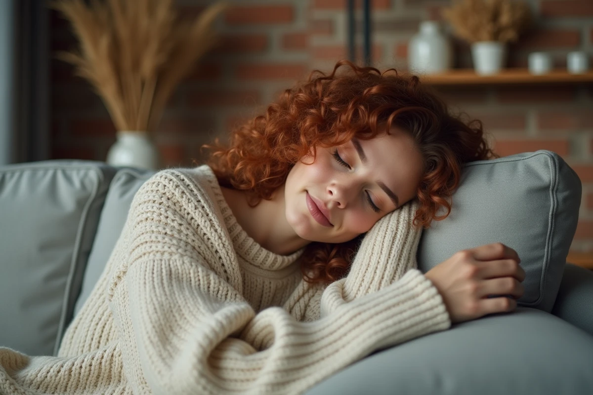 Jeune femme allongée tenant sa tempe gauche, fatigue émotionnelle et quête de sens spirituel