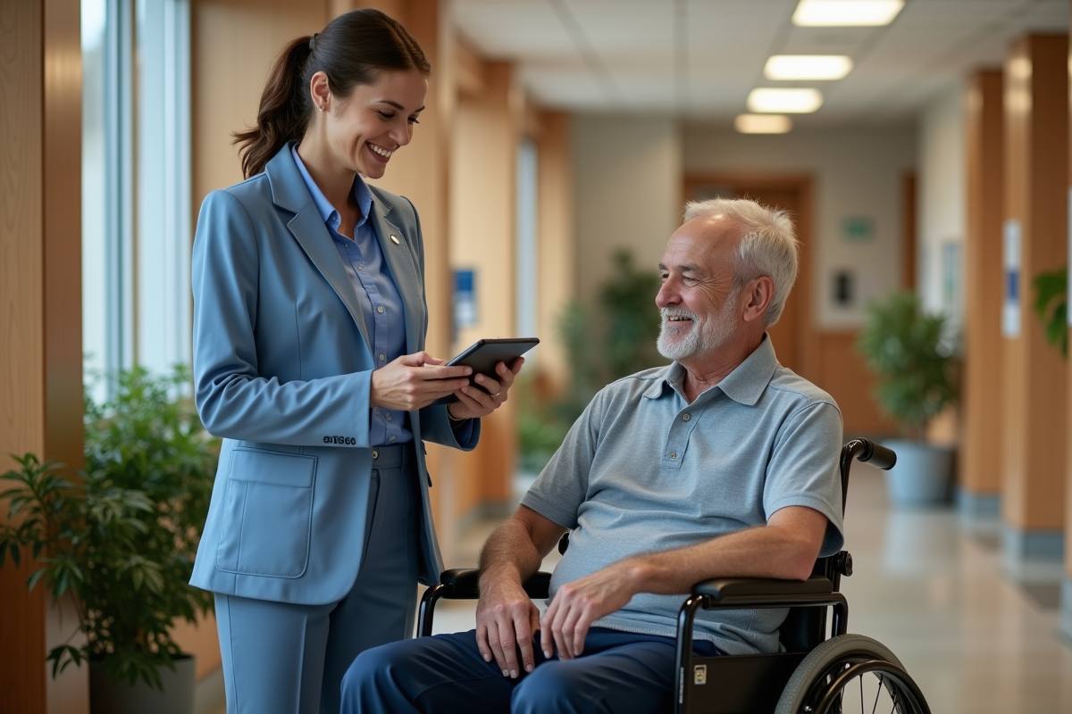Coordonnatrice de santé avec patient âgé dans un couloir moderne