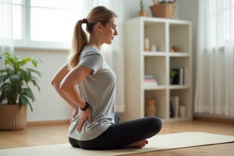Femme faisant un étirement assis sur un tapis de yoga pour soulager une douleur dans le bas du dos côté droit à la maison