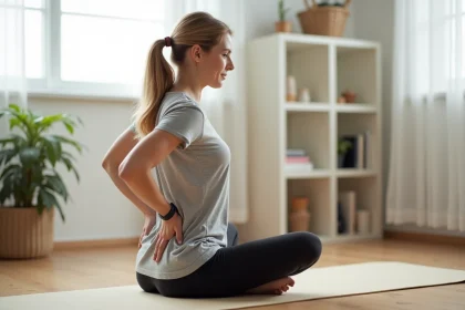 Femme faisant un étirement assis sur un tapis de yoga pour soulager une douleur dans le bas du dos côté droit à la maison