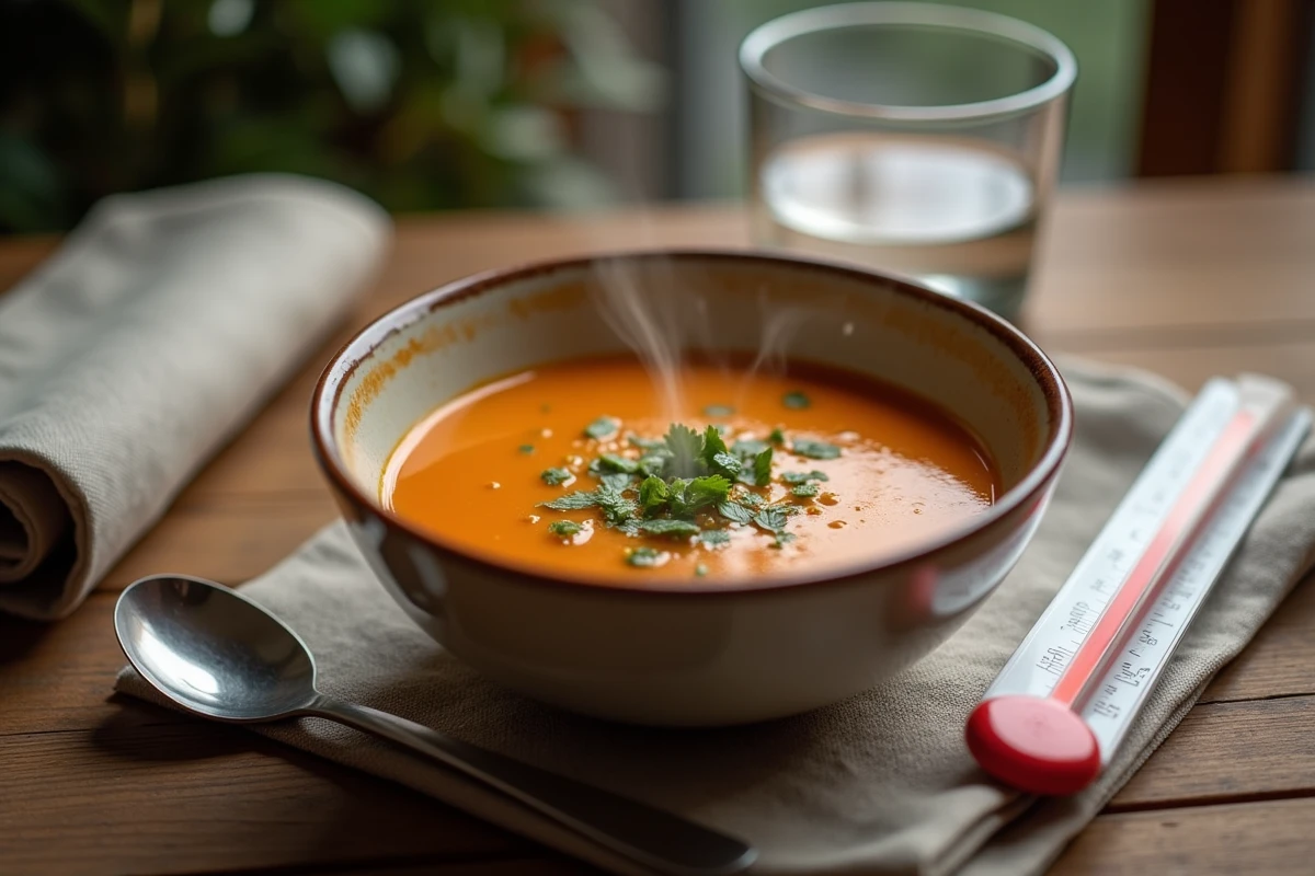 Bol de soupe chaude avec une cuillère et un thermomètre illustrant le risque de brûlure au palais en mangeant trop vite