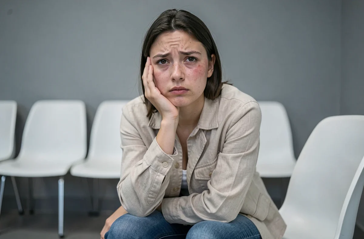 Jeune femme dans une salle d'attente médicale avec une expression préoccupée tenant sa joue près de l'œil, évoquant un spasme de la paupière