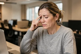 Femme au bureau appuyant les doigts sur sa paupière qui tressaute, illustrant le spasme musculaire de l'œil