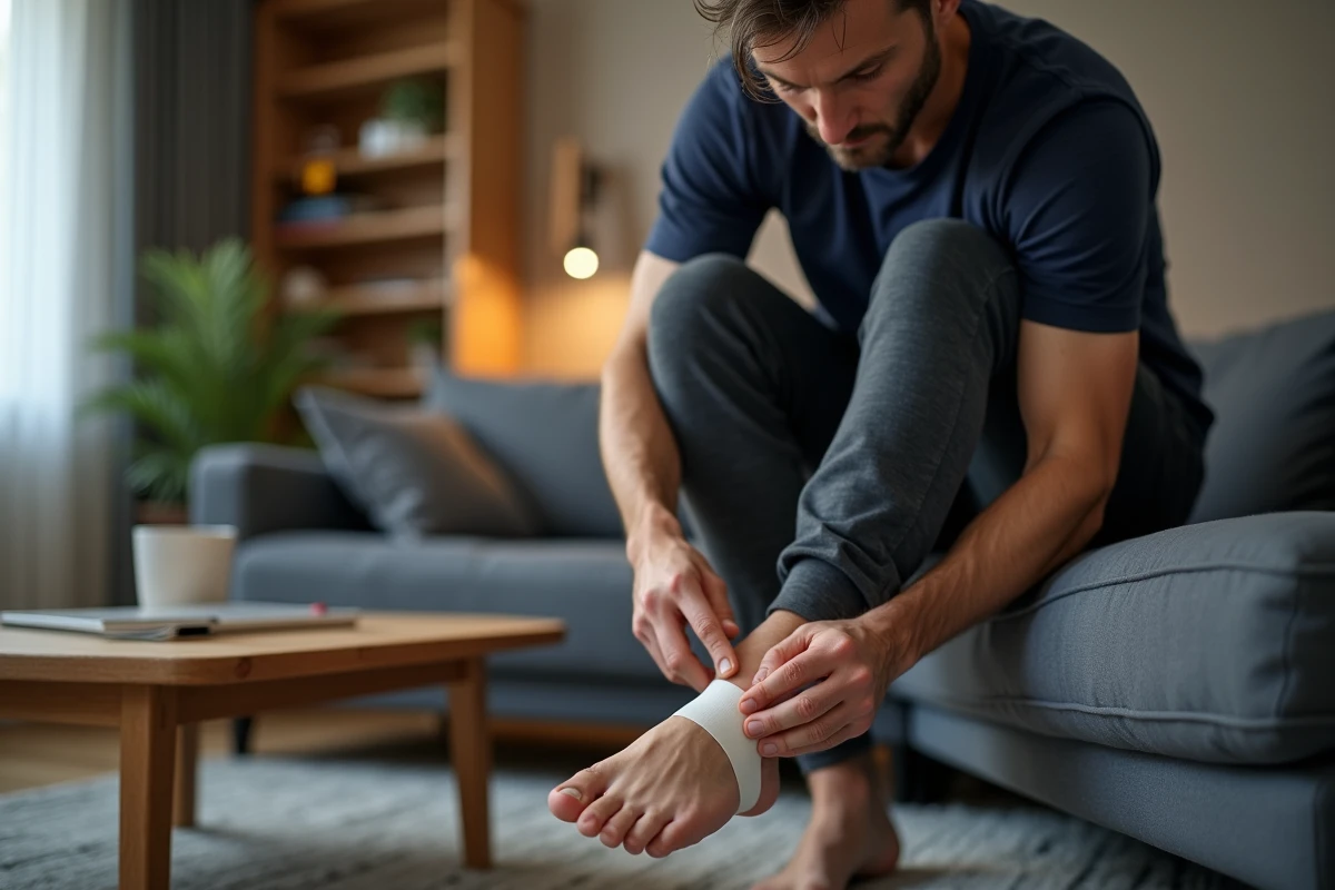 Homme appliquant du tape sportif sur le bord extérieur de son pied gauche à domicile pour soulager la douleur