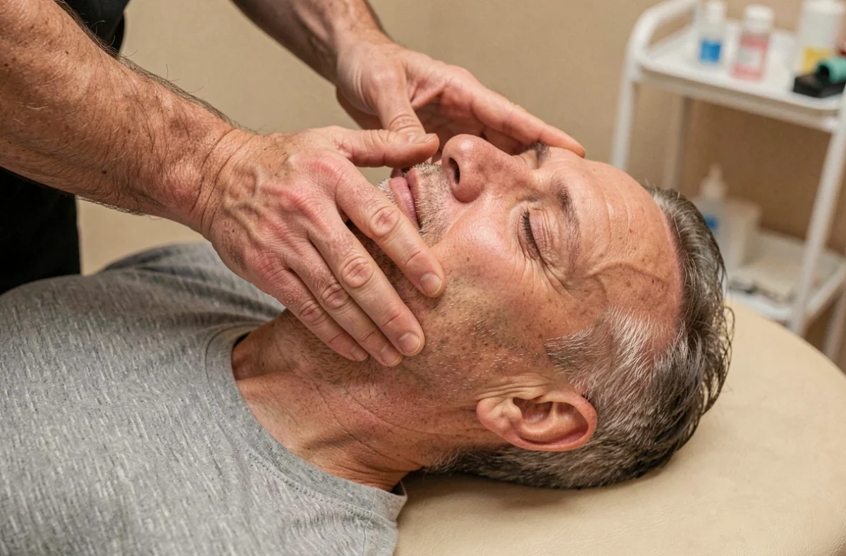 Technique de thérapie crânienne ostéopathique sur un patient allongé en cabinet